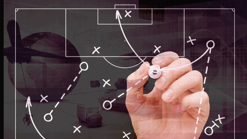 tactical strategies for your supply chain (a hand drawing on a chalkboard xs and os for a baseball strategy overlaid on a supply chain image with planes, cargo ships and docks