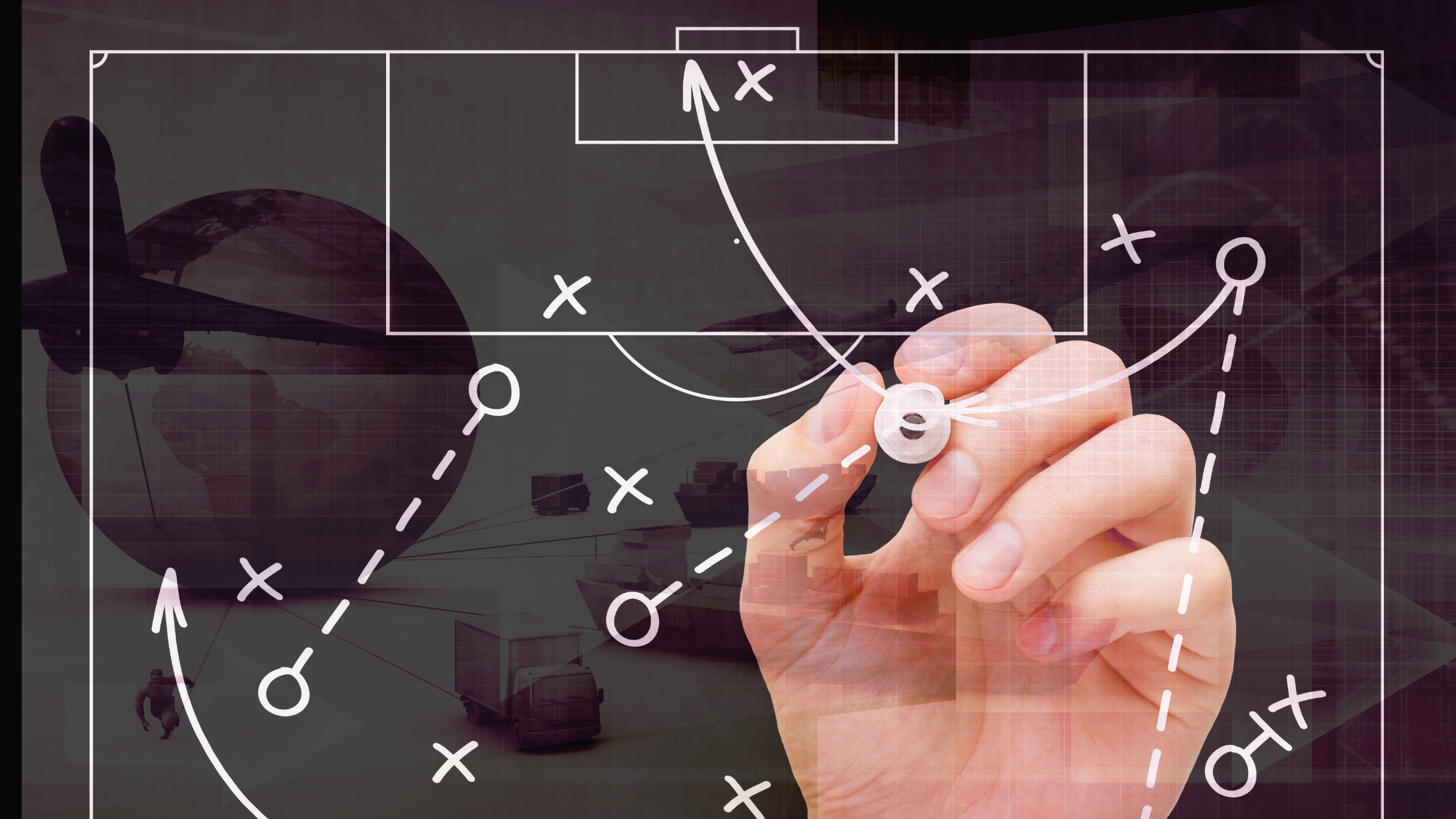 tactical strategies for your supply chain (a hand drawing on a chalkboard xs and os for a baseball strategy overlaid on a supply chain image with planes, cargo ships and docks